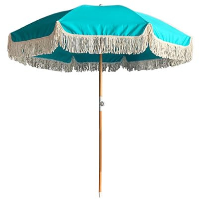 Parasol de plage rond portable de 200 cm, parasol de jardin réglable en bois, parasol à franges pour terrasse, terrasse et plage