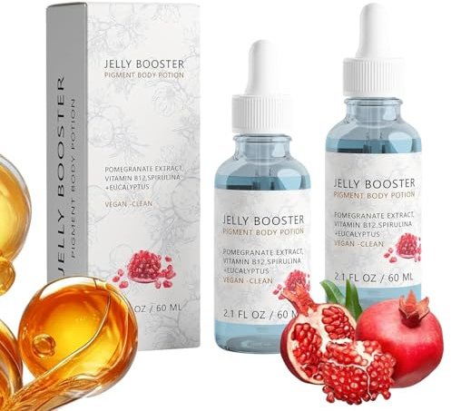 Le Lait Corporel Gelée Pigmentation Améliorée, un sérum léger et anti-cicatrices aux extraits de grenade et de vitamine B12, pénètre rapidement et convient à un usage quotidien.