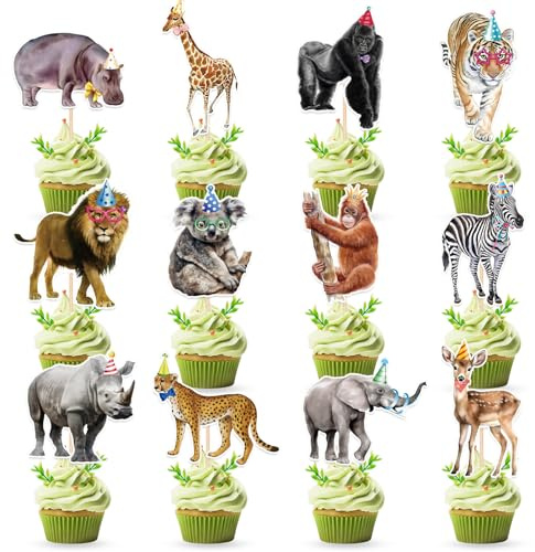 CHarmeFleur 24 PCS Safari Happy Birthday Cupcake Topper Dschungel Thema Party Dekorationen Baby Dusche Kuchen Dekor Cupcake Dekorationen Kuchen Dekorieren