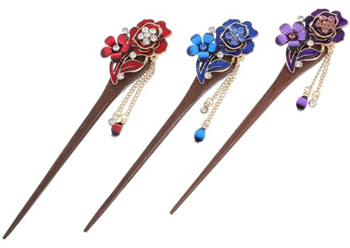 BIUDECO 3 piezas Palillos Chinos para Pelo Estilo Étnico con Borlas Decorativas Sujetador de Moño Artesanal Colores Rojo Azul y Morado Accesorios Tradicionales para Peinados Elegantes
