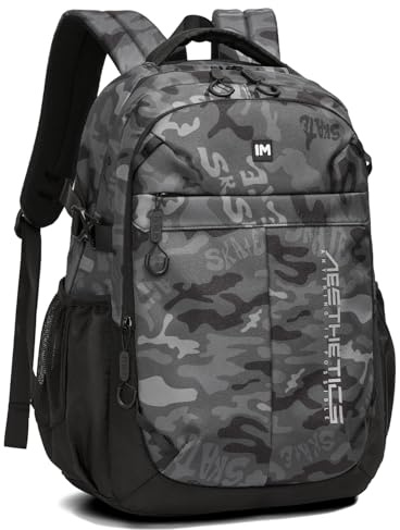 Amythe Sac à Dos Adolescent Garcon, Cartable Collège et Lycee Camouflage pour Garçons avec Grande Capacité, Sac d'École Respirant pour les Voyages Loisir, Gris
