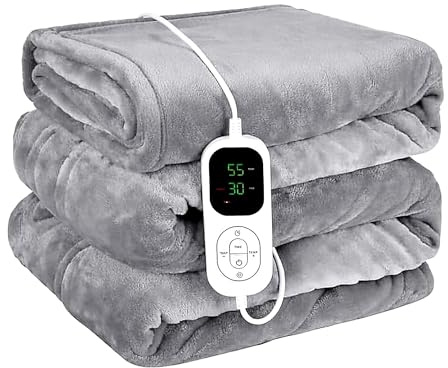 Haven Essentials Electric Heated Blanket – Luxury Plush Grey Flannel, 160x130cm, Fast Heat-Up, 6 Heat Settings, Auto Off Timer, Overheat Protection, 2.2m Cord, Machine Washable, Low EMF Design