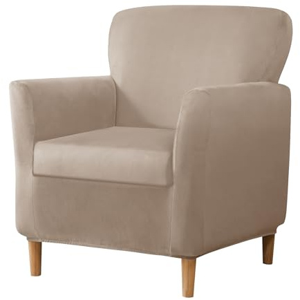KYJSW Stretch Velvet Banquet Armchair Slipcover Sofa Cover, Arm Chair/Seat/Ottoman Covers with Elastic Band and Anti-Slip Straps (Khaki,Chair+Seat)