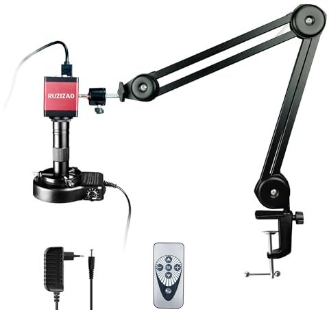 RUZIZAO microscopio digital cámara 13MP 1080P HDMI VGA microscopios video industrial lente de montaje C con zoom 150X soporte plegable, iluminación anular LED