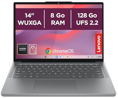 Lenovo Chromebook 14M8911 - Ordinateur Portable 14'' WUXGA (MediaTek Kompanio 540, RAM 8Go, SSD 128Go, Arm Mali-G57 MC2 GPU, Chrome OS) Clavier AZERTY Français - Gris Luna