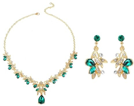 QhgPnt Green Jewellery Set for Women, Wedding Jewellery Set for Women Bride, Rhinestone Earrings Choker Necklace Green Necklace, Costume Jewellery Necklace for Brides and Bridesmaids Wedding Party