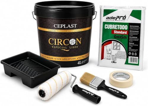 Kit Pintura Antimoho CIRCON 4L + Rodillo + Cubeta + Brocha + cinta protectora + Plástico Cubretodo | Pintura Blanca Mate Lavable Interior Exterior | Cocina, Baño y Humedad