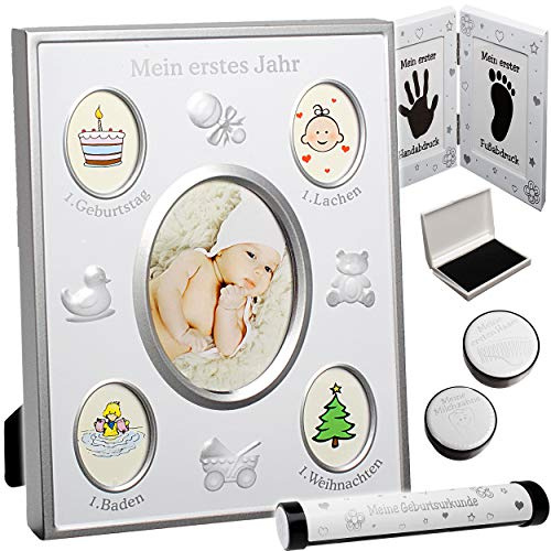 alles-meine.de GmbH 6 TLG. Set Fotorahmen/Bilderrahmen - Baby - erstes Jahr - Handabdruck Fußabdruck - Dose ersten Haare + Milchzähne - Rolle Geburtsurkunde - Rahmen - Collag..