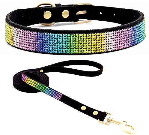 haoyueer Hundehalsband aus weichem Wildleder, schillernd, funkelnd, elegant, ausgefallen, mit Strasssteinen besetzt, für Haustiere, Welpen, Katzen, Hunde, Kombi-Set mit Leine (S, Schwarz 2)