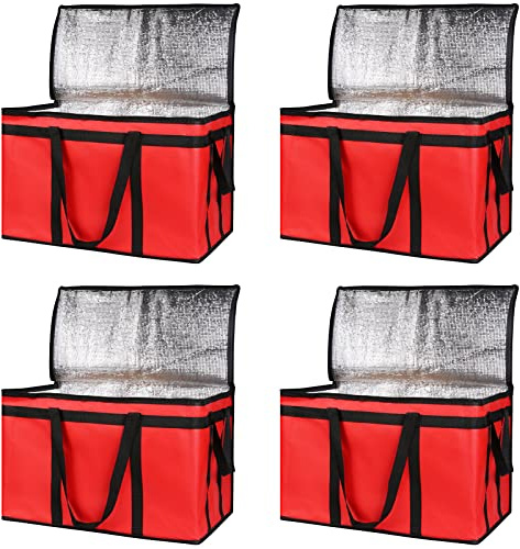 Bodaon 4-Pack Insulated Food Delivery Bag, XXX-Large Meal Grocery Tote Insulation Bag for Hot and cold Food, Commercial, Large Capacity Reusable Warming Bag, Red
