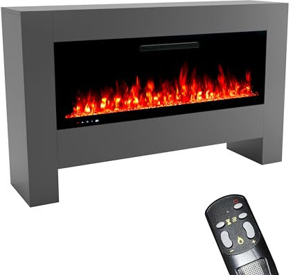 GLOW FIRE Elektrokamin mit Heizung und Kaminfeuer (Standkamin Hermes) - elektrischer Kamin mit LED-Feuer in 5 Farben, Heizlüfter, Deko & Fernbedienung – 156x96x35 cm, Grau