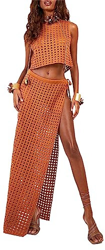Stricksets Zweiteiliger Rock Outfits für Frauen Aushöhlen Ärmelloses Crop Top Bodycon Split Maxikleid 2-teiliges Sommer-Set, Orange, 42