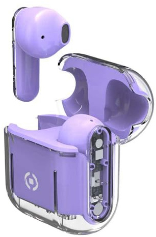 Celly, Cuffie Wireless Bluetooth, Auricolari Senza Filo con Custodia Trasparente, Compatibili con Smartphone e Tablet, Ricarica Veloce in 2 Ore, Colore Viola