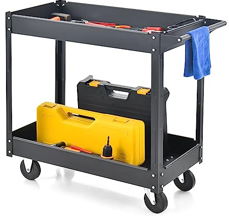 COSTWAY Chariot à Outils 2 Étagères Charge 50 kg avec Poignée, Chariot Servante d’Atelier en Métal avec 4 Roues et 2 Freins, pour Atelier Garage Maison 85 x 41 x 79 CM (Noir)
