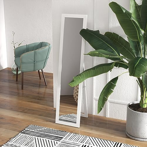HOMCOM Specchio da Terra con Cornice in MDF con Piedini e Ganci, Specchio Moderno per Utilizzo a Parete, 37x40x155 cm, Bianco e Trasparente