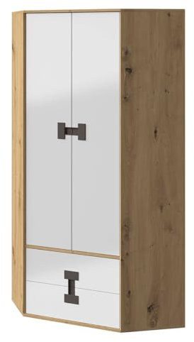 Mirjan24 Eckkleiderschrank Satton SA02, Drehtürenschrank mit Kleiderstange, Fächer und 2 Schubladen, Eckschrank, Kleiderschrank für Kinderzimmer (Artisan Eiche/Weiß Hochglanz)