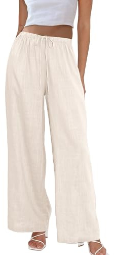 Duyang Womens Cotton Linen Palazzo Pants Drawstring Elastic Waist Casual Wide Leg Trousers with Pockets(Apricot,L)