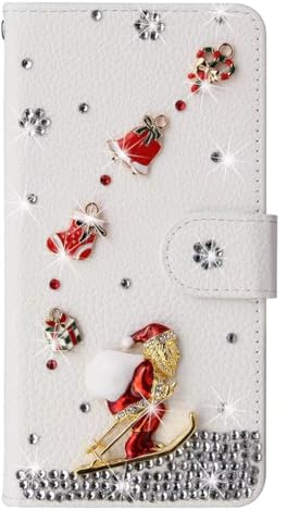 Handyhülle für iPhone 15, Glitzer Diamant Hülle Weihnachten Leder TPU Bumper Klapphülle Magnetverschluss Kartenfach Ständer Geldbörse mit Trageband Hülle für iPhone 15, Weiß