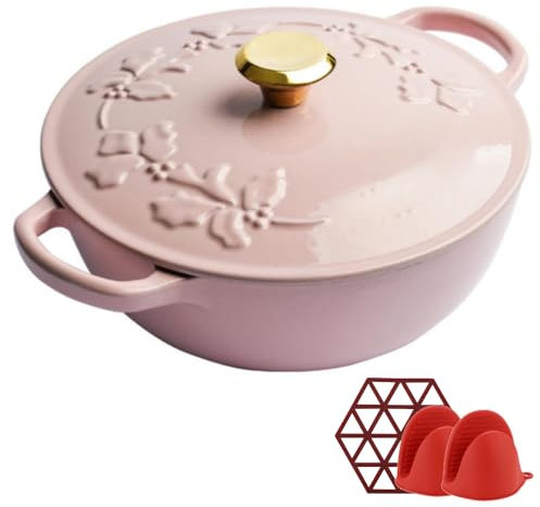 WXFKLDJ Schmortopf Aus Emailliertem Gusseisen Mit Geprägtem Deckel, Antihaftbeschichteter Schmortopf, Kochtopf Mit Topflappen Für Camping Mit Offenem Feuer Und Herd 2.8L 23CM,Rosa