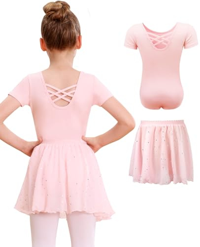 MYSSUCI Ballettkleidung Mädchen Ballettkleid Kinder Kurzarm Baumwolle Ballettanzug Tanzbody Tanzkleid mit Chiffon Rock Tütü 3-11Jahre (Rosa, 130)