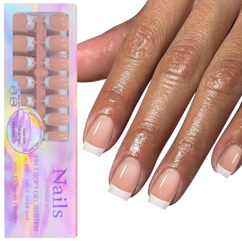 GZMAYUEN 150Pcs Faux Ongles Press on Nails Carré, 3 in 1 Court Carré Bord Blanc Couverture Intégrale Fake Nails Faux Ongles Reutilisable pour Femmes et Filles- Nu Blanc