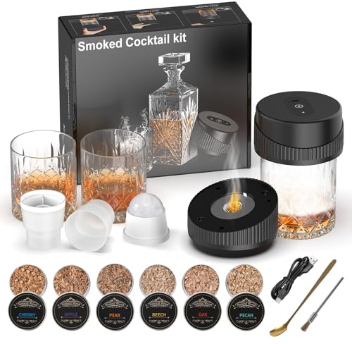 Electric Cocktail Smoker Kit with 6 Wood Chips 2 Glasses 2 Ice Ball Molds - Flame-Free Smoking for Whiskey Smoker Infuser Kit Old Fashioned Drink Smoker Kit Birthday Bourbon Whiskey Gifts for Men Dad