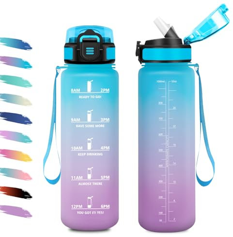 Bouteille 1L, Gourde Sport avec Paille, Gourde Motivation avec Marqueur de Temps, Facile à Nettoyer, Anti-Fuite, & Réutilisable, Bouteille d'eau pour Fitness, Extérieur, Vélo, Randonnée, Camping