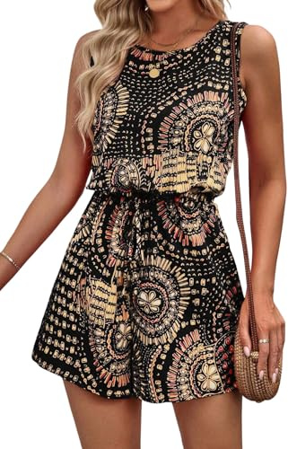 GORGLITTER Dam boho jumpsuit kort overall sommar blommönster breda shorts romper med dragsko rund hals semester playsuit sparkbyxor