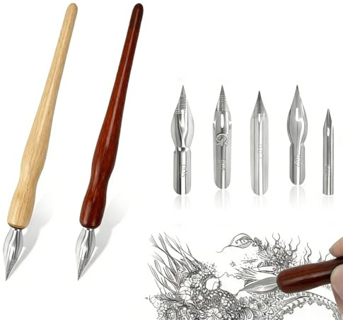 FHRYNA 7 Set di Penna Calligrafica, Pennini per Calligrafia con 2 Portapenne e 5 Pennini per Biglietti d'Auguri, Firme, Scrittura, Decorazione, Regalo, Fumetti