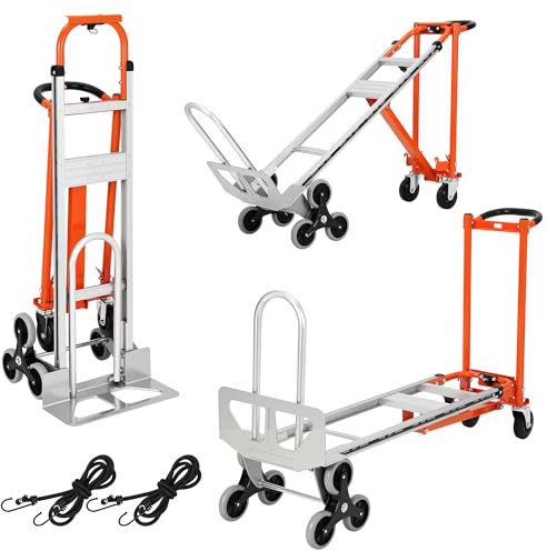 3-in-1 Treppensackkarre Sackkarre Klappbar Mit Treppensteiger-Rädern & Elastischem Spanngurt, Tragkraft 350 kg, Faltbarer Transportkarre Aus Aluminium Für Zuhause Lager Supermarkt Büro, Tangerine