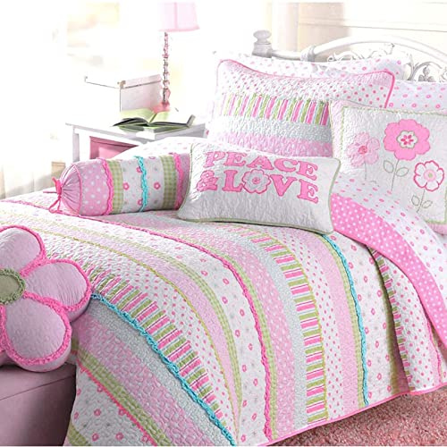 Cozy Line Home Fashions Pink Greta Pastel Polka Dot Flower Girl 100% Cotton Reversible Quilt Bedding Set, Coverlet, Bedspread (Greta Pastel, Twin - 5 Piece: 1 Quilt + 1 Sham + 3 Decor Pillows)