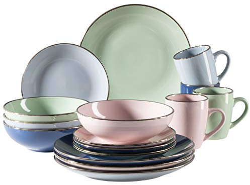 MÄSER 931870 Metallic Rim, set di stoviglie moderne per 4 persone con bordo in ottone, servizio combinato da 16 pezzi con forme coupe senza bordi, colorato, gres porcellanato, blu pastello