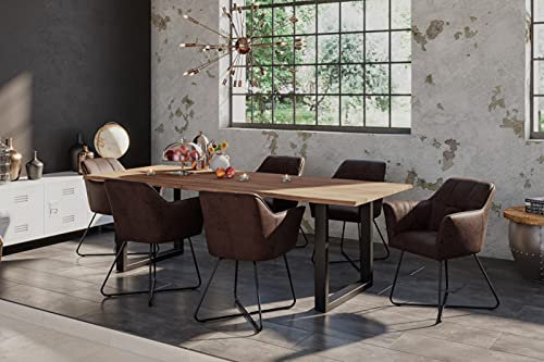 SAM 7tlg. Tischgruppe Laurina 180 x 90 cm, Akazienholz massiv & stonefarben, Esstisch mit U-Gestell schwarz lackiert, echte Baumkante + 6X Esszimmerstuhl Kirin in Wildleder-Optik