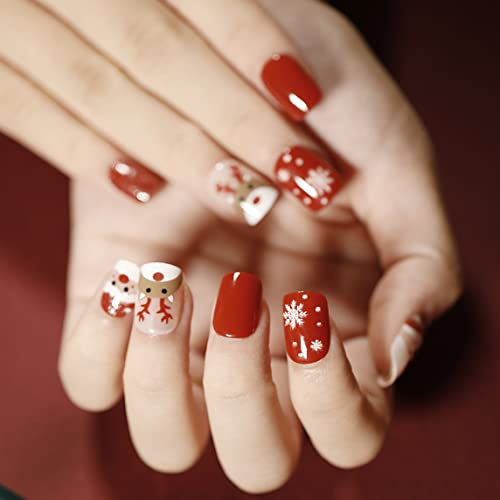 Brishow Weihnachten Künstliche Nägel Weihnachts Baum Schnee Press on Nails Elch Nägel zum Aufkleben Kurz Rot Falsche Nägel 24 Stück für Frauen und Mädchen (1)