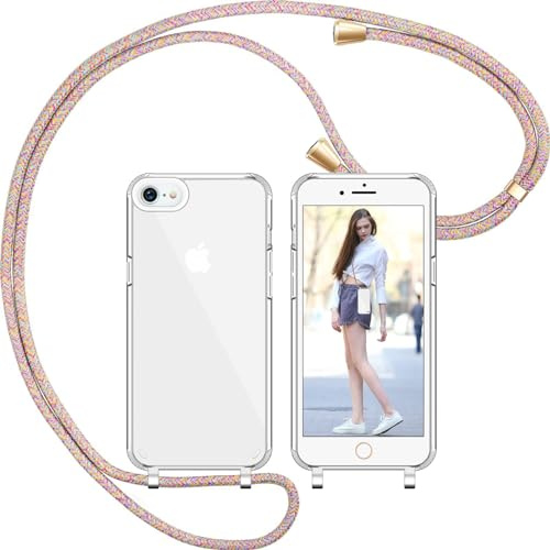 Nupcknn Handykette für iPhone 8/SE 2020/7 Hülle mit Band,Transparent Handyhülle (Abnehmbar Einstellbar) Necklace mit Kordel zum Umhängen Kameraschutz Handy Kette Stossfest Schutzhülle(Regenbogen)