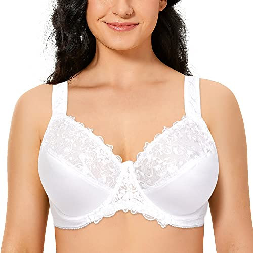 Ayigedu Women's Full Coverage Underwire Push Up Bra Floral Lace Plus Size Non Padded Comfort Everyday Bra 38F White