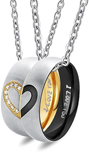 Skcess Paar Halskette Edelstahl, Pärchen Halskette Herz Anhänger 6MM Trauringe Gravur I Love You Halskette Damen Gold 50CM Herren Schwarz 60CM