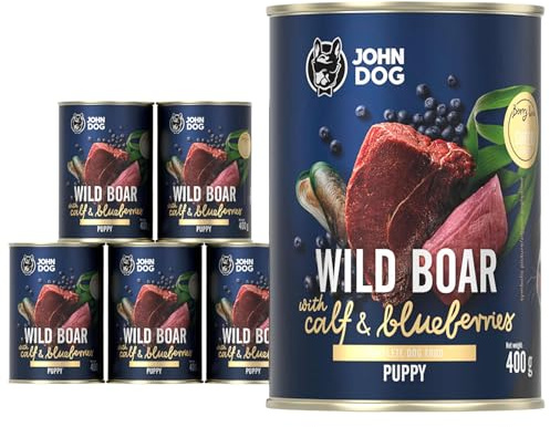 JOHN DOG Nassfutter für Hunde Berry Line Wildschwein mit Kalb und Blaubeeren - Getreidefrei Hundefutter mit Superfoods und 96% Fleisch & Innereien - für Welpen 6 x 400g
