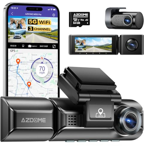 AZDOME M550 3 Lens 4K Dashcam Auto 2.5K+ 1080P+ 1080P vorne hinten innen mit 64GB SD Karte, WiFi, GPS, Super Nachtsicht, Parküberwachung, Loop-Aufnahm, WDR, G Sensor, 3.19” Hitzebeständig (M550 Pro)