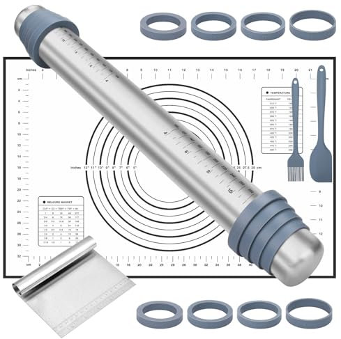 TAVADA Mattarello in acciaio inox,Mattarelli Antiaderenti,Mattarello Regolabile con 8 Anelli di Spessore,con Tappetino da Forno in Silicone Pennello Olio spatola per Pasta,Pizza,Torte
