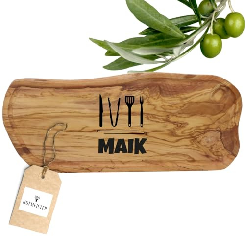 HOFMEISTER® Schneidebrett Olivenholz personalisiert Gravur - Olivenholzbrett Naturschnitt Servierbrett Holzbrett mit Saftrille - Geschenk Hochzeit Einweihung Einzug - Holz, 50 cm