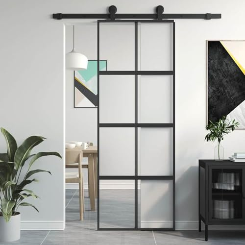 Rantry Porta Scorrevole Nera 76x205 cm in Vetro Temperato e Alluminio, Porta del Granaio, Porta Scorrevole Interna, Cancelli Scorrevoli Porta Scorrevoli da Interno