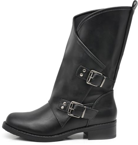IF Fashion Scarpe da Donna Stivali Stivaletti Biker Fibbie Anfibi Polpaccio Largo YY-58 Nero 37