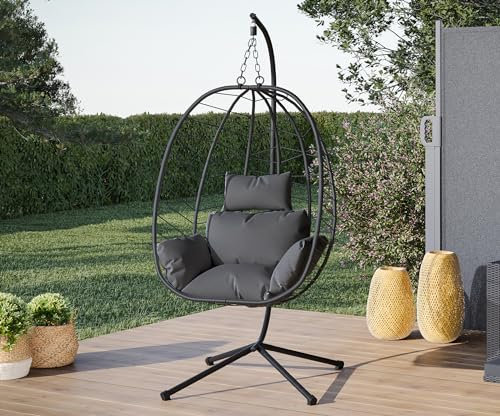 STEELSØN Hängesessel mit Gestell Alarian, höhenverstellbar und faltbar, Balkonsessel Outdoor und Indoor, Korbhängesessel aus Polyrattan mit Kissen dunkelgrau/schwarz