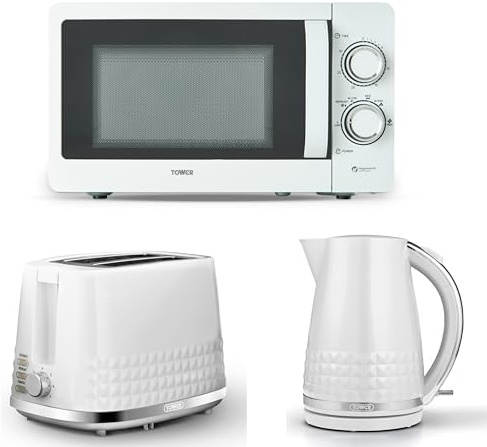 Tower Solitaire White 1.5L 3KW Jug Kettle, 2 Slice Toaster & T24042WHT 800W 20L Manual Microwave. Matching Contemporary Design Kitchen Set in White