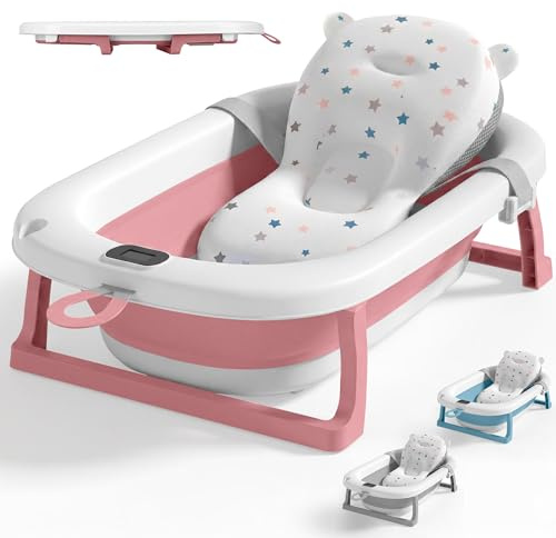 JUPPLIES Bañera Bebé Plegable con Cojín Ergonómico, Termómetro Digital y Patas Antideslizantes | Portátil, Compacta y Segura para Recién Nacido (Rosa, Sin patas)