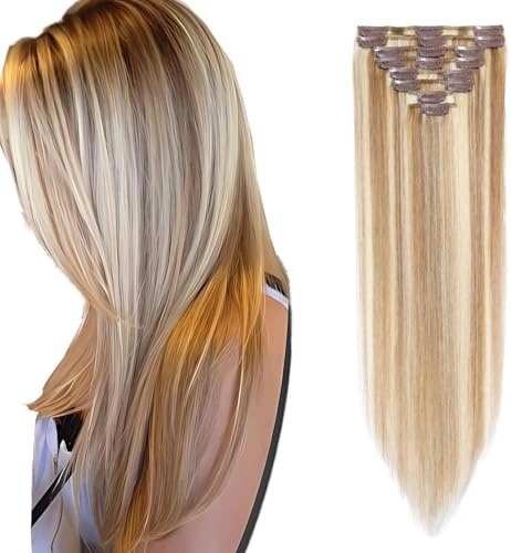 Rich Choices Clip in Extensions Echthaar 8 Stück Clip Extensions 35cm #12/613 Blonde Strähnchen Unsichtbare Haarverlängerung Echthaar Clip ins Remy Seidig Gerade Natürlich - Dünne Tressen