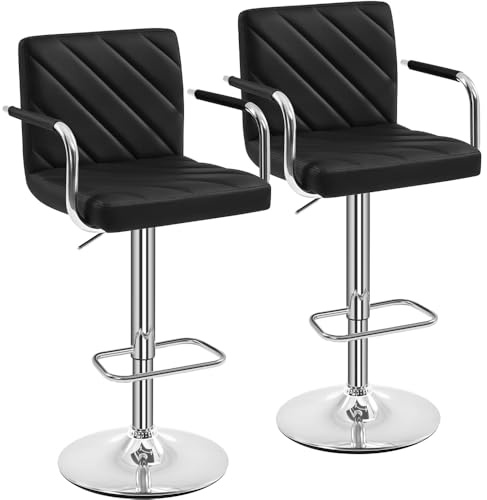 Yaheetech Juego de 2 Taburetes de Bar de Polipiel Sillas de Bar Giratorias de Altura Ajustable con Respaldo Reposapiés Reposabrazos para Bar Cocina Hogar Negro
