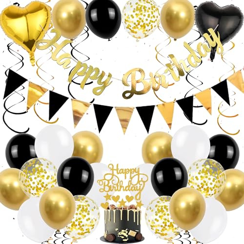 Deko Geburtstag Mann Schwarz Gold - Happy Birthday Girlande Tortendeko Luftballons und Hängende Wirbel, Glitzer Geburtstagsdeko Banner Herz Folienballon Cupcake Toppers für Frauen