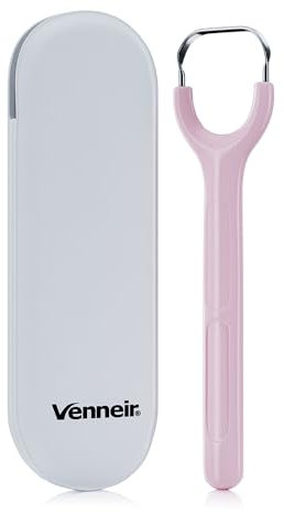 Venneir® Tongue Scraper with Travel Case, Oral Glide Pro–Bad Breath Treatment, Medical-Grade Stainless Steel– for Adults & Kids. 100% Rustproof, Sleek & Effective Design (Pink Frost)
